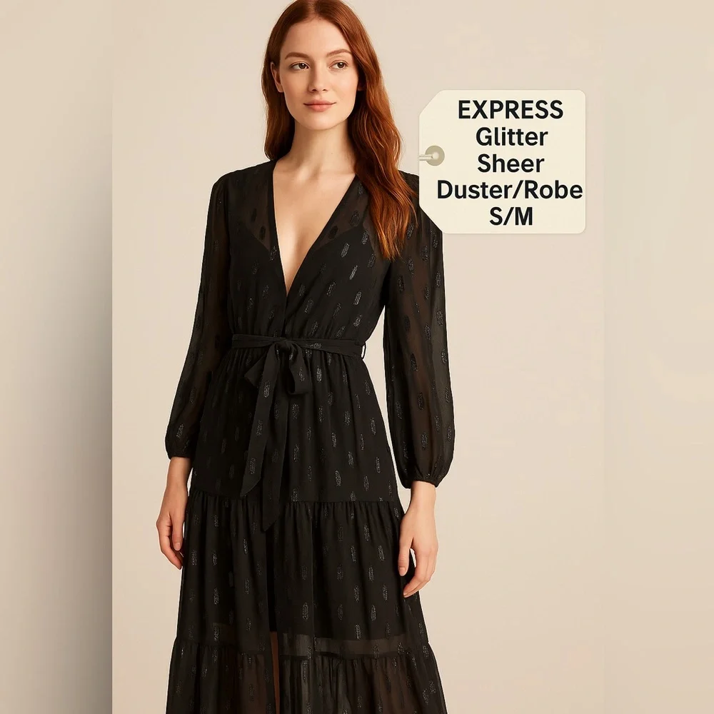 Express Sheer Glitter Duster Robe Black S/M Long Sleeve Tie Waist - Picture 1 of 7